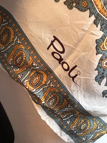 Vintage 1960’s Paoli Women’s Scarf Cream With Gold & Green Border Japan 26" - Bild 7 von 7