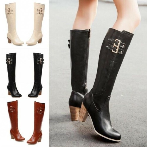 Womens Knee High Riding Boots Buckle Block Heels Round Toe Side Zip Knight Shoes