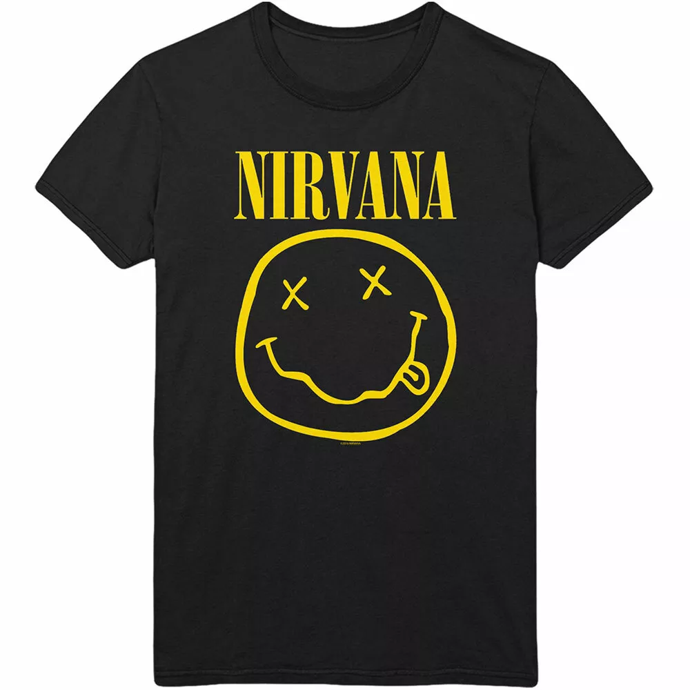 Nirvana T Shirt Happy Face Flower Officially Licensed Mens Black Kurt Rock  Merch | eBay | T-Shirts