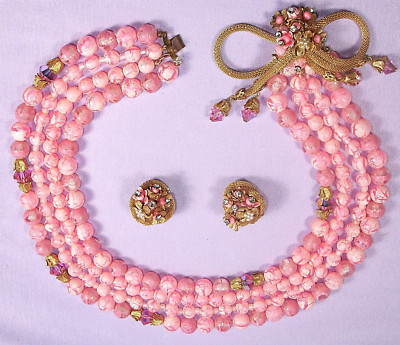MIRIAM HASKELL   4 Strand Pink Art Glass Beads   Mesh Bow   Necklace & Earrings