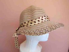 Ladies Wide Brim Beige Straw hat w/ chin strap Polka Dot Ribbon Woven Polyester
