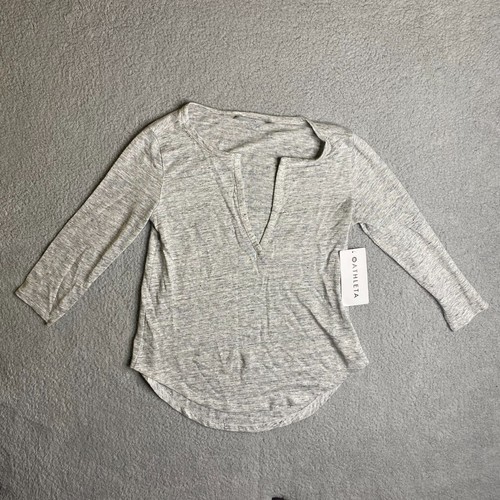 Athleta Zephyr Heathered Top Womens XXS Gray 3/4 Sleeves V-neck 100% Linen NWT