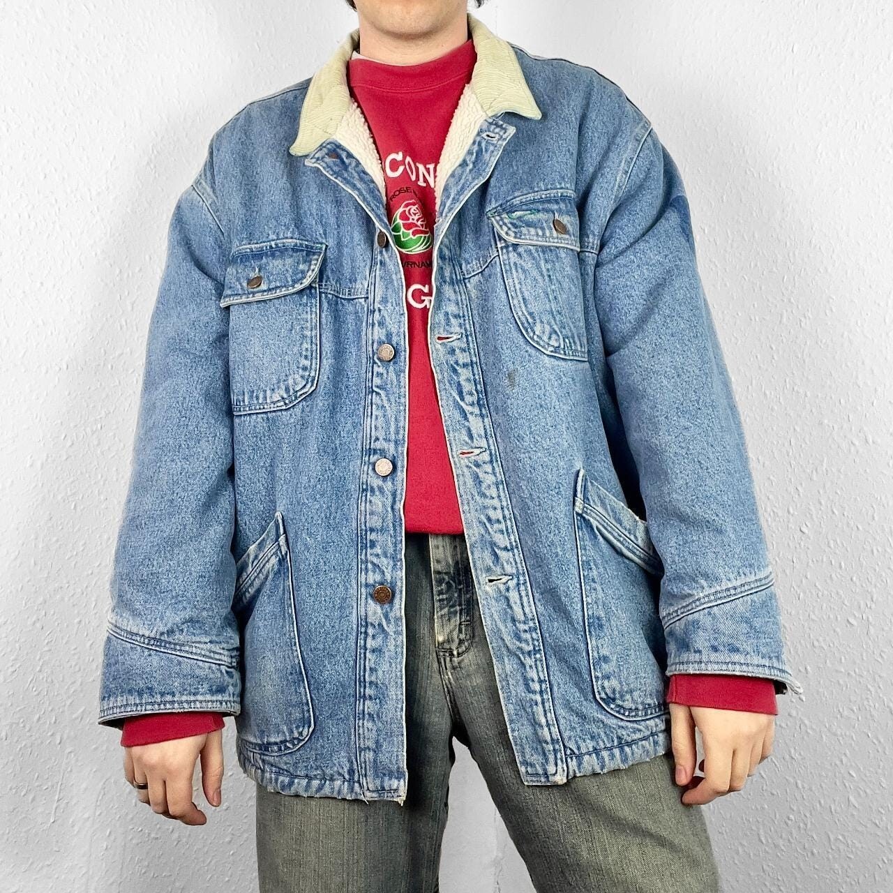 Vintage Denim Jean Trucker Jacket Sherpa Fleece Lined Chore Barn Grunge 80s 90s