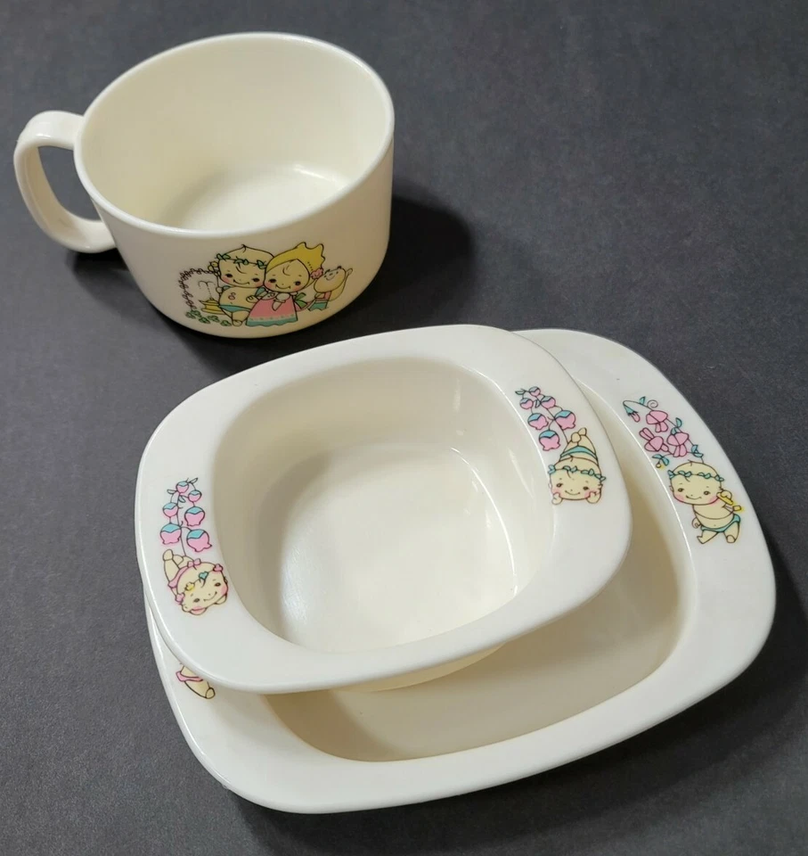 JUEGO DE PLATOS COMBINADOS PARA BEBÉS PLATO DE TAZÓN Y TAZA TAZA SONRIENTE FLORES PARA BEBÉS BLANCO ROTO JAPÓN Foto 3 de 4