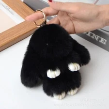 Black Plush Bunny Keychain 7" fluffy Faux Fur Rabbit Bag Charm with White Paws