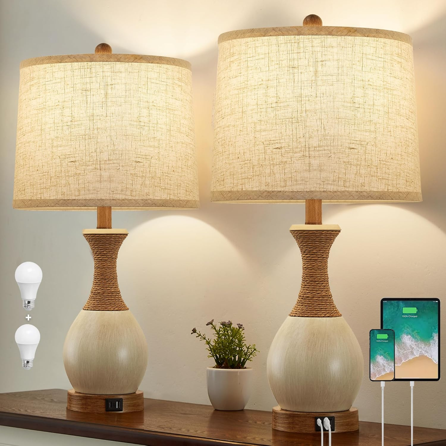 Set of 2 Bedside Table Lamps with 3 Adjustable Color Temperatures for Bedroom-image