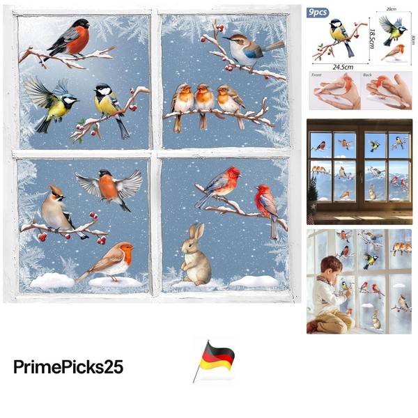 9 Blatt Fensterbilder Winter VöGel Schneeflocken Selbstklebend Weihnachten-image