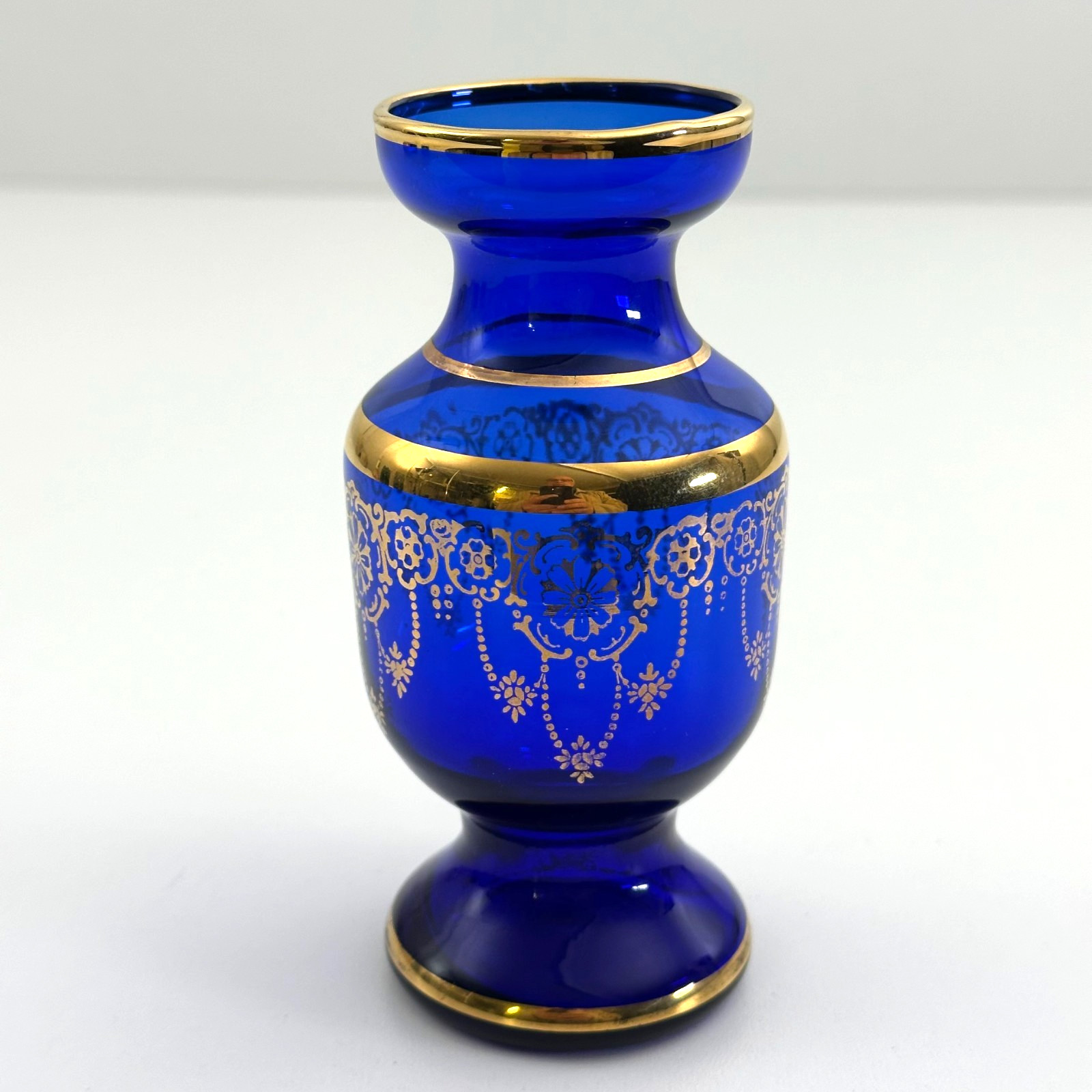 Cobalt Blue Gold Gilt Vase 5" Floral Enamel Vintage