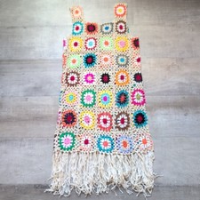 New Knitted Crochet Granny Square Sleeveless Sweater Mini Dress Beige