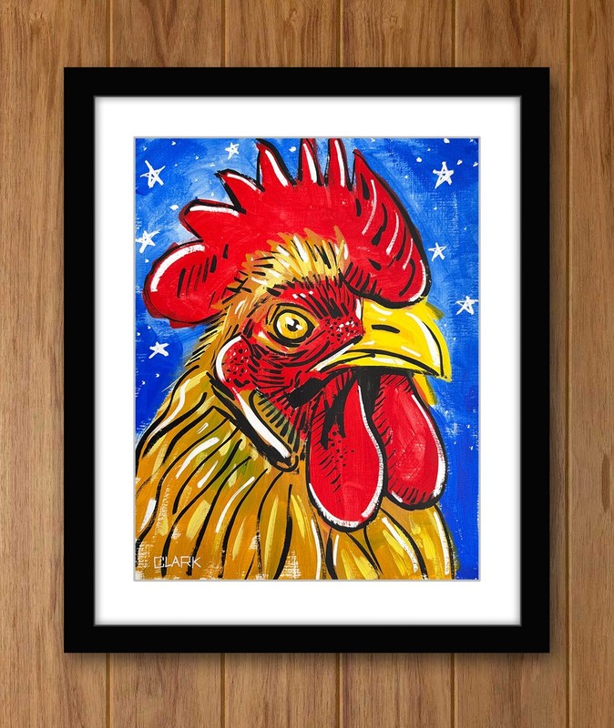 Colorful Hand Painted Rooster Portrait - Acrylics on 14x11" Mixed Media Paper