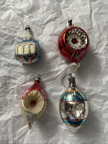 antiker Weihnachtsschmuck Merkur Glas handbemalt 4 Kirchensterne alte Spitzen - Bild 1 von 12