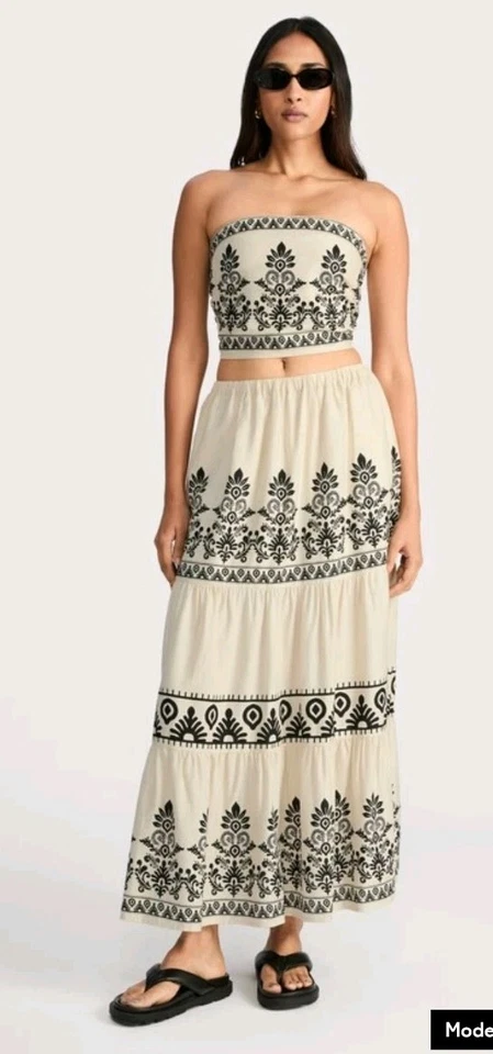 F&F Cream Beige Black Floral Print Linen Blend Tiered Maxi Skirt 10 Sold Out - Image 2 of 4