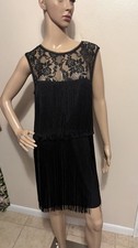 Black Lace Fringe Shift Dress Sleeveless Knee Length Round Neck Party Size