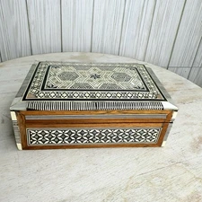 Vintage Middle Eastern Jewelry Box Intricate Mother Of Pearl Bone Velvet Lined