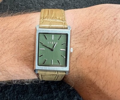 Breda Mens Watch Green Dial Brown Leather Quartz Rectangle Stainless Box 3 ATM