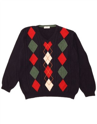 MARKS & SPENCER Herren V-Neck Pullover Sweater Large Navy Blau Argyle/Diamant PX16
