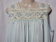 VINTAGE SHADOWLINE LONG NIGHTGOWN BLUE SILKY NYLON EMBROIDERED LACE LARGE USA