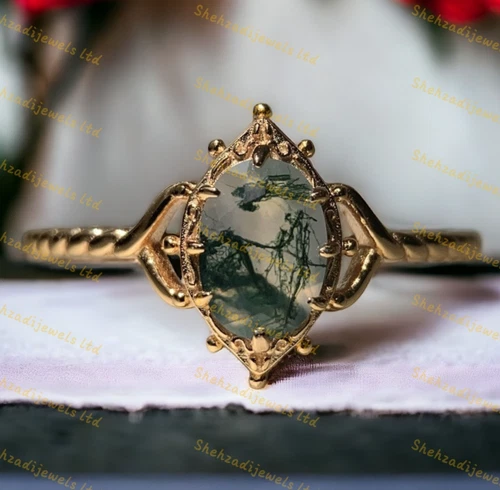 Natural Oval Moss Agate Ring, Vintage Twisted Band Engagement Ring, Handcrafted - product listing photo