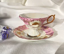 Vintage Bone China Lusterware Footed Teacup Saucer Pink Gold Roses Japan Tilso?