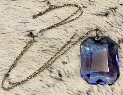 Vintage Stunning Faceted Blue Glass Pendant/Sterling Silver Chain Necklace - Picture 2 of 16