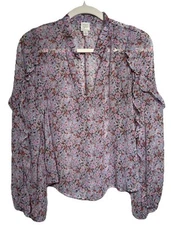 Roan + Ryan Evereve Pink Floral Balloon Sleeve Ruffle Blouse Size Small EUC