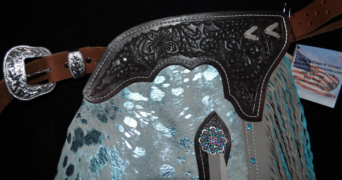 Chaps (jambières) Cuir Turquoise – R Bar K – Sur Mesure USA (NEUFS)