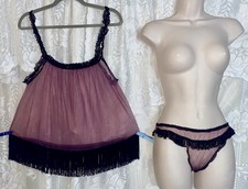 Vtg RARE AMETHYST FRINGE TOP Babydoll NIGHTIE Nightgown w Sheer PANTIES Set
