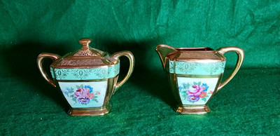 Vntg Arzberg Bavaria sugar and creamer porcelain 24K gold plated & floral design