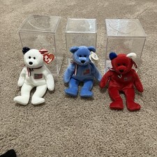 Ty Beanie Babies America Bear Set Red White Blue 2001 American Red Cross Tags