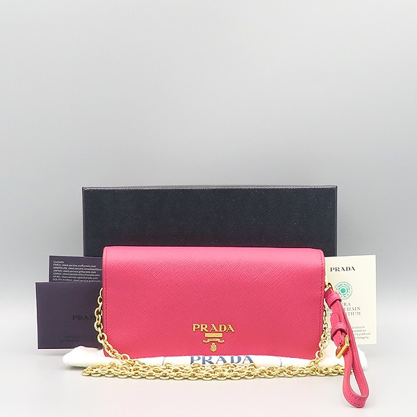 Prada Saffiano Mini Chain Shoulder Bag in Pink with Gold Logo
