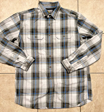 Eddie Bauer Shirt Mens L Tall Travex Flannel Grey Blue Plaid Button Up Casual