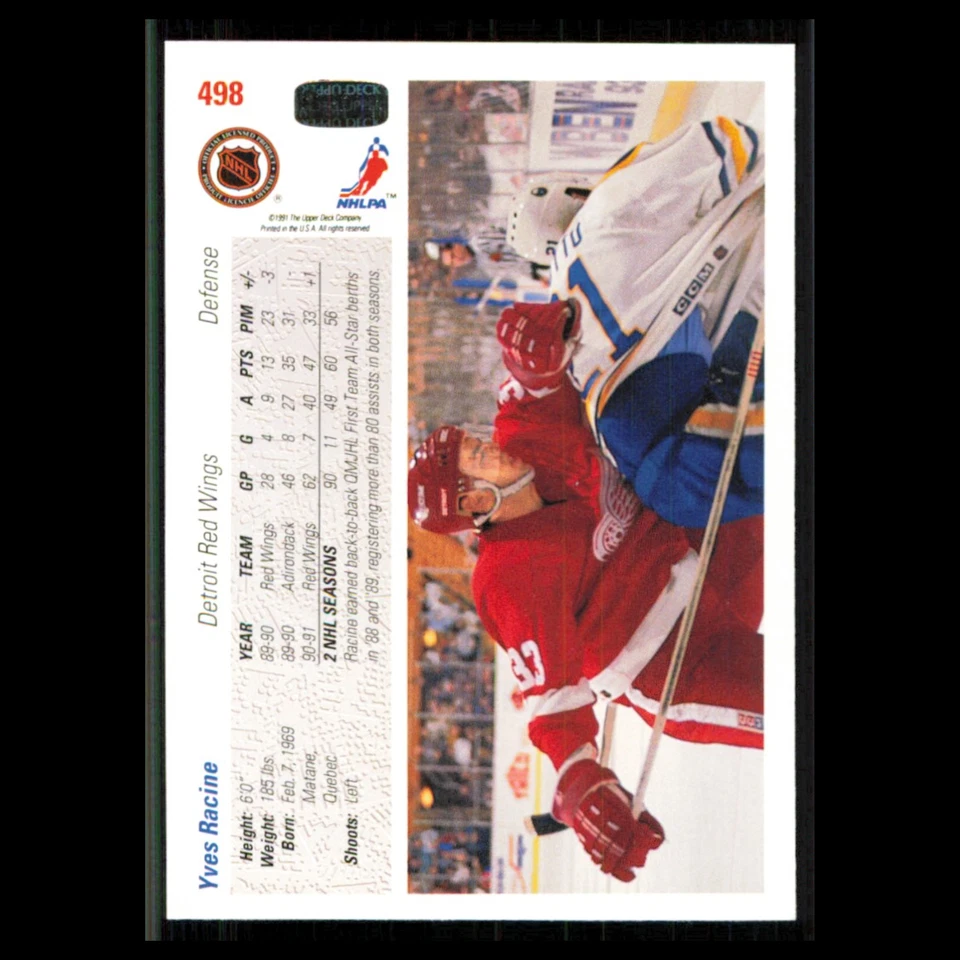 Yves Racine #498 1991 Upper Deck Detroit Red Wings Hockey Card NHL NM - Image 2 of 3