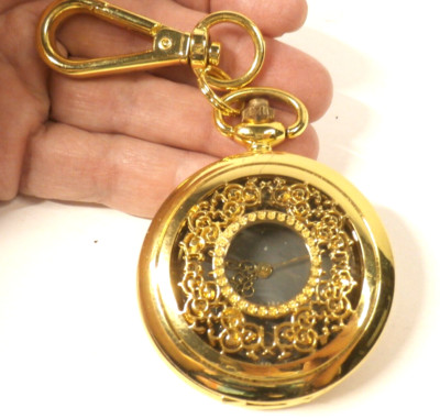 Joy &Iman Pocket Watch Gold with Filigree Design with Clip  - New Battery - Mint