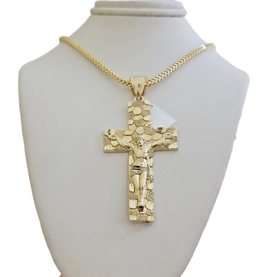 REAL 10k Gold Franco Necklace Nugget Cross Pendant SET 20'' Inch 3mm Chain