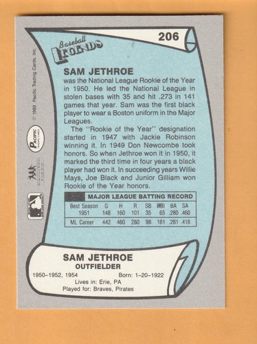 Sam Jethroe Boston Braves 1989 Pacific Legends II #206 East St. Louis IL 8Q - Imagen 2 de 2