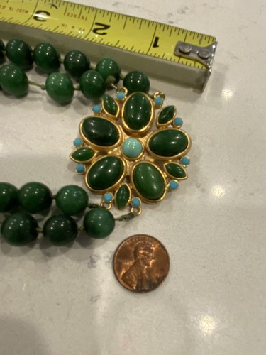 Vintage Green Gemstone 2Strand Natural Jade Nephrite Bead Necklace GoldT Pendant - Picture 13 of 19