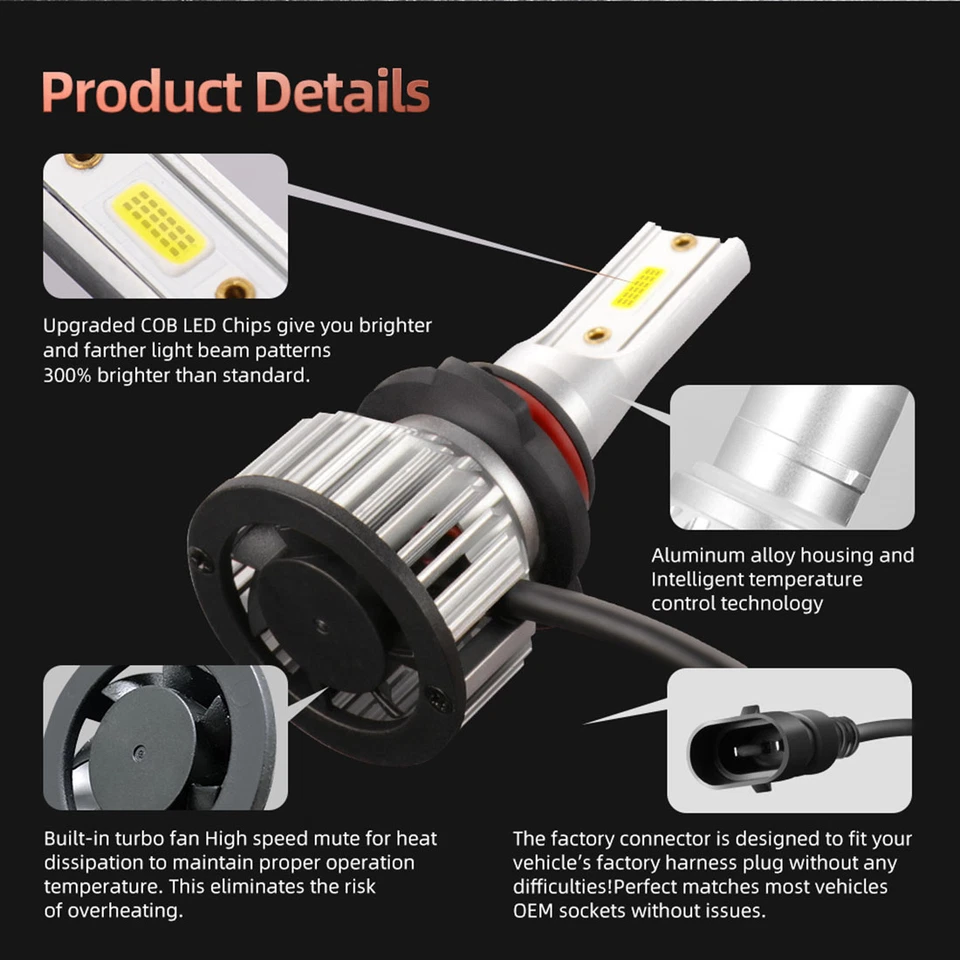 For Cadillac DeVille 2000-05 4 Pair 880+9006+2x 9005 DRL Hi & Lo Beam Headlight - Image 2 of 4