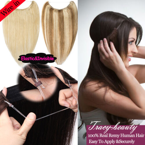Hidden String Invisible Wire Remy Human Hair Piece Extensions No Gule 16"-22" US - Afbeelding 1 van 25