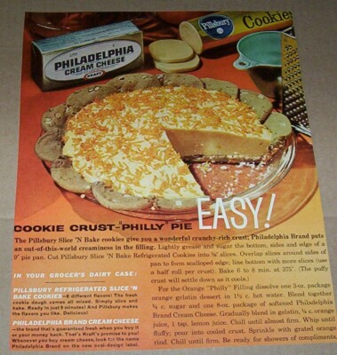 1962 print ad -Kraft Pillsbury Cookie Crust Orange Philly Pie recipe Advertising