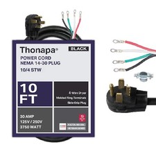10ft 4 Prong Dryer Cord 30 AMP NEMA 14-30 Plug 10/4 STW Black Appliance