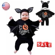 Newborn Baby Boys Girls Halloween Cosplay Costume Romper Bat Bodysuit Hat Outfit