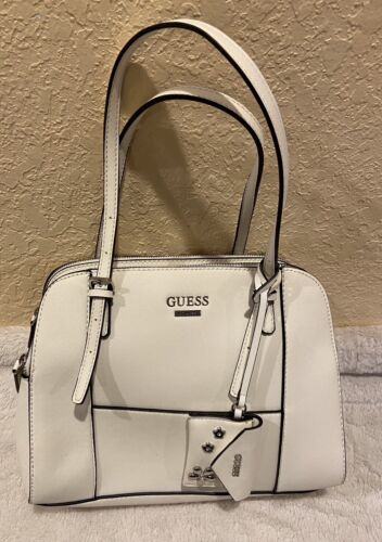 GUESS 2 PC FLOWING WHITE FAUX HARD SAFFIANO LEATHERETTE SATCHEL+COIN POUCH - Picture 1 of 9