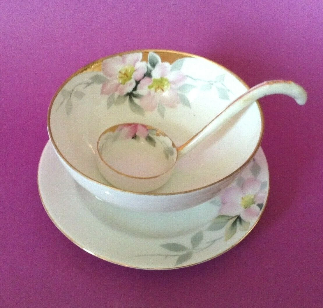 Nippon Noritake Azalea - 3 pc Mayonnaise Sauce Bowl Plate And Ladle Set - Japan