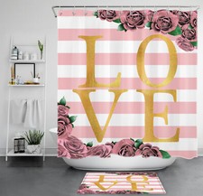 Green Leaf Rose Flower on Pink Striped Shower Curtain Set for Bathroom Decor