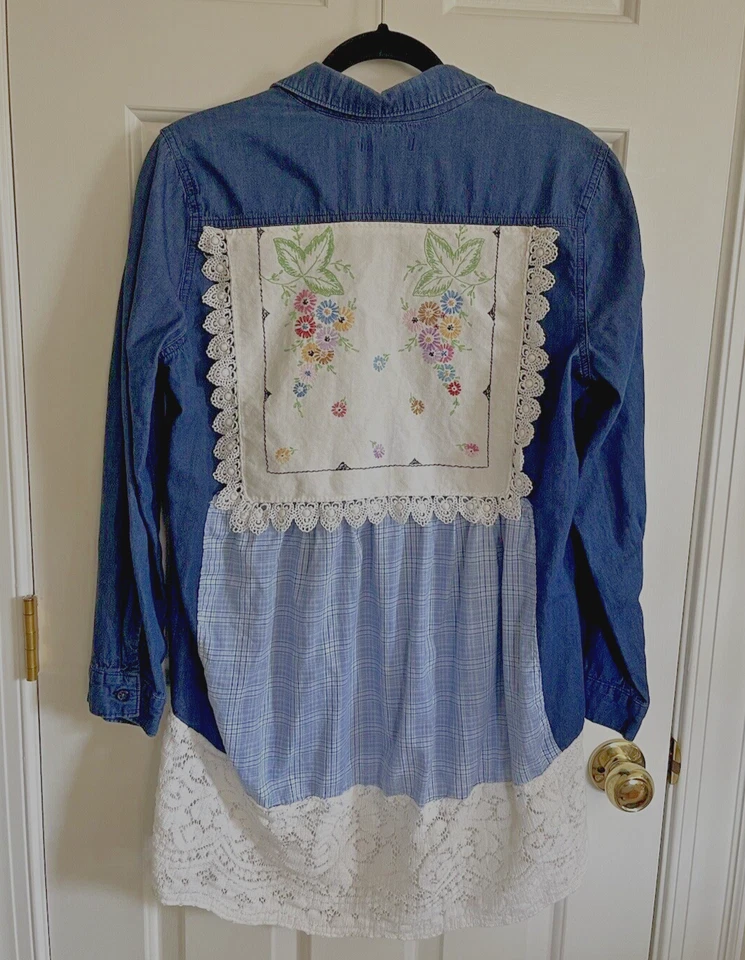 Camisa Blusa Top Mujer Hecha a Mano Cottagecore Vintage Bordada Encaje Talla Grande Foto 2 de 4