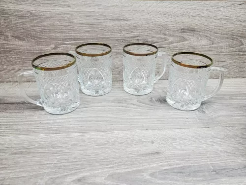 4 Vtg Coffee Mugs Glasses Cup Luminarc Cristal D’Arques Clear Gold Rimmed USA