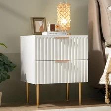 White Night Stand Set 2, Fluted Glossy Nightstand with 2 Drawers, Wide Modern St