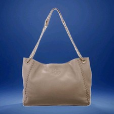 TORY BURCH-MARION French Gray Chain Slouchy Pebbled Leather Whipstitch Seams