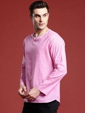 Men s Pink White Cotton Short Kurta Tunic Ethnic Boho Shirt Eid Diwali Wear
