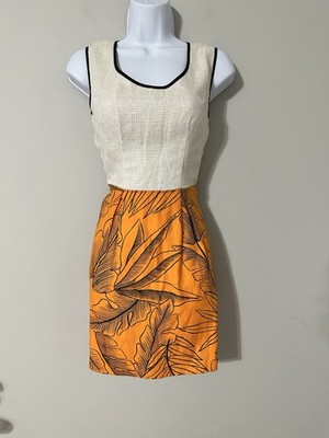 DELFINA BALDA Size S Tropical Leaf Dress Orange Waffle Knit Top Linen Resort USA